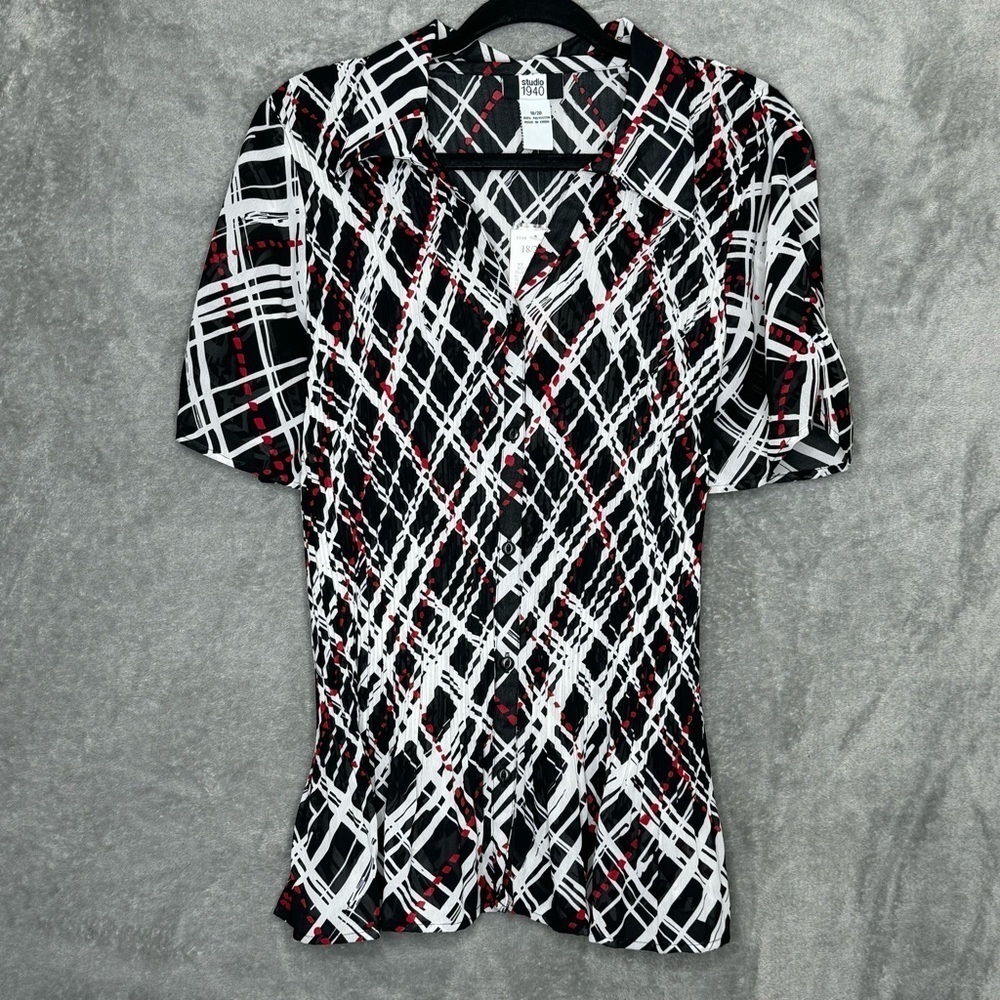 Studio 1940 18 20 1X Shirt Top Black Striped Short Sleeve V Neck Button Up Women